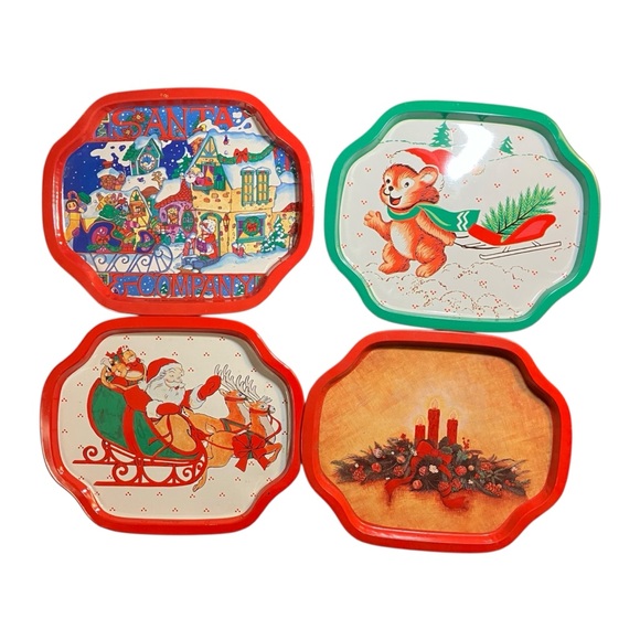 Vintage Christmas Metal Trays Santa & Reindeer Bear Candles 7.5” Set Of 4 1980s - Picture 1 of 3